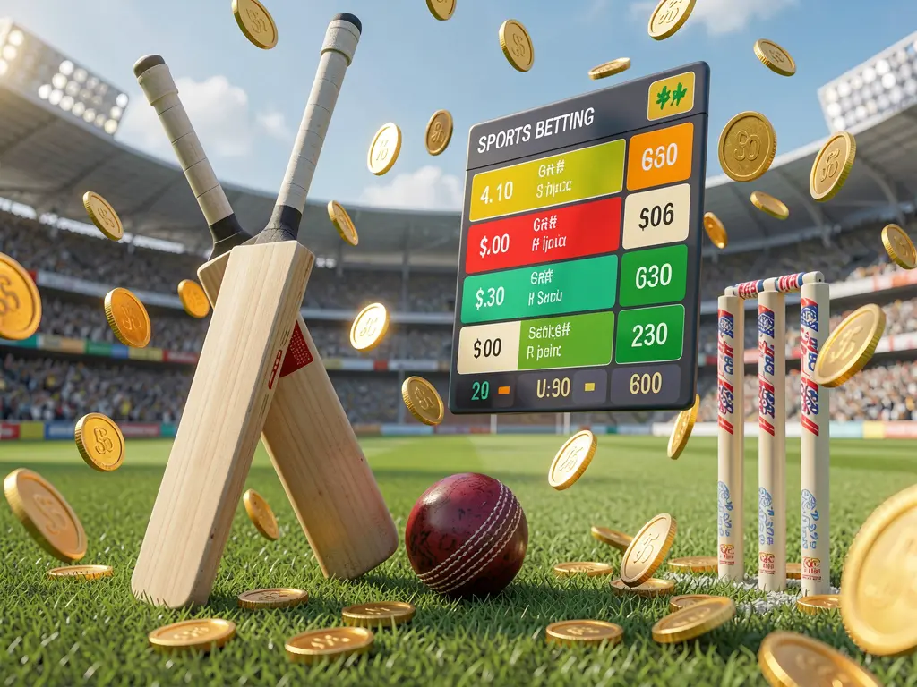 Realistic 3D illustration of a sports betting page featuring a cricket bat, cricket ball, and wickets on stadium grass with floating betting odds interface and golden coins flying, showcasing 520BD BAT brand