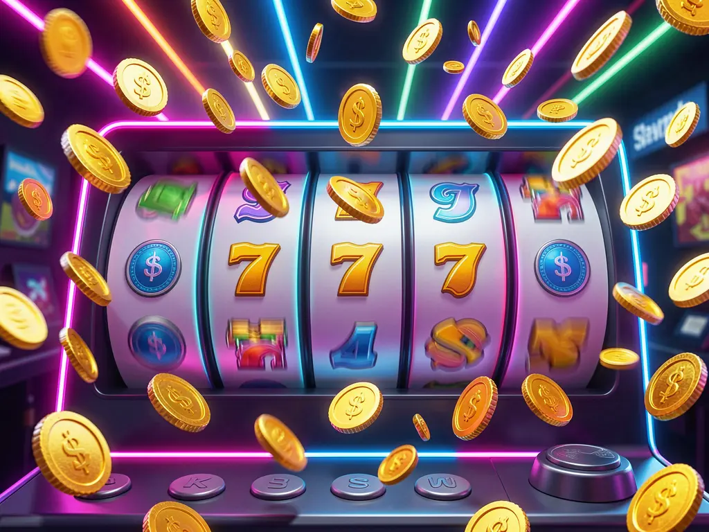 520BD BAT free spins casino image featuring slot machine reels spinning with golden coins flying everywhere under colorful neon lights creating an exciting jackpot mood in a premium 3D illustration