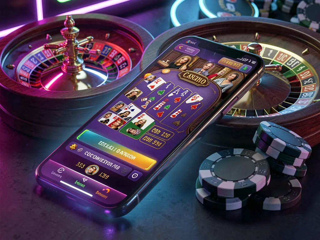520BD BAT online casino platform concept with smartphone displaying glowing casino interface, surrounded by roulette wheel and poker chips on a premium neon background