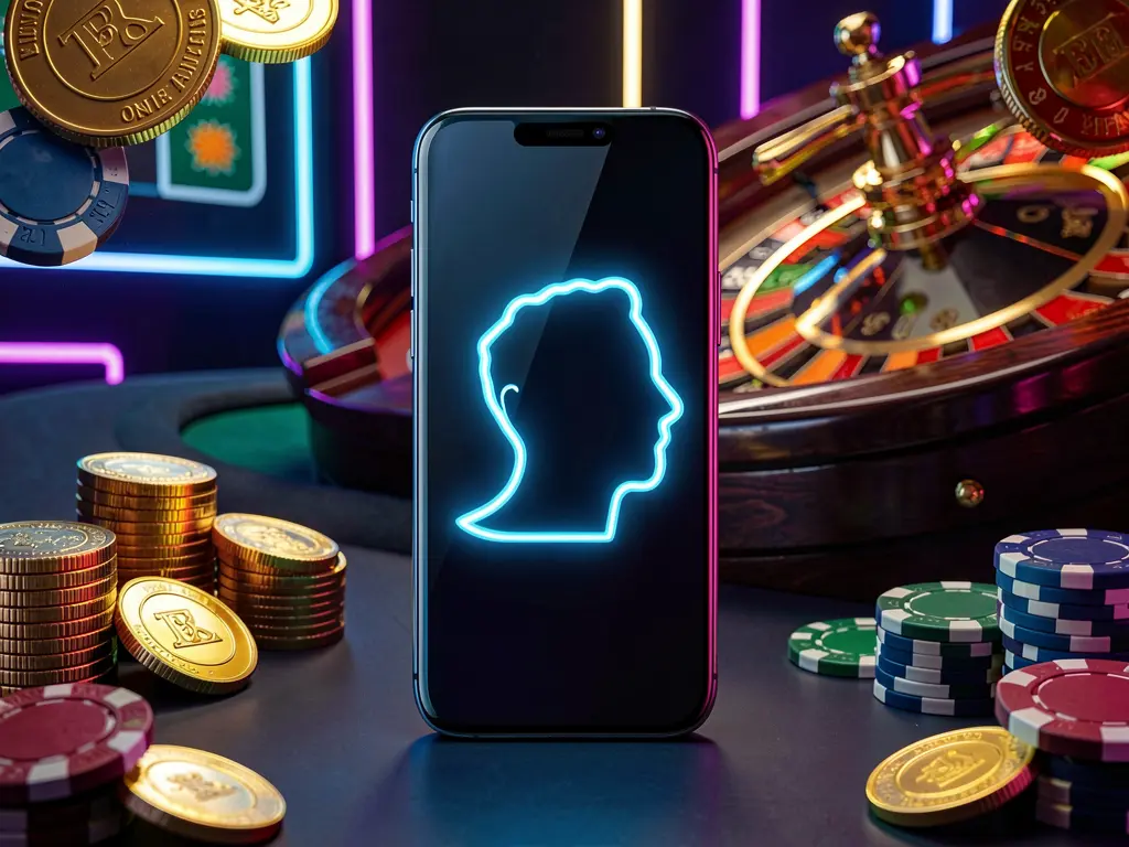 Modern phone displaying glowing profile icon for 520BD BAT online casino login, set against a dark neon background with roulette lights, golden coins, and poker chips